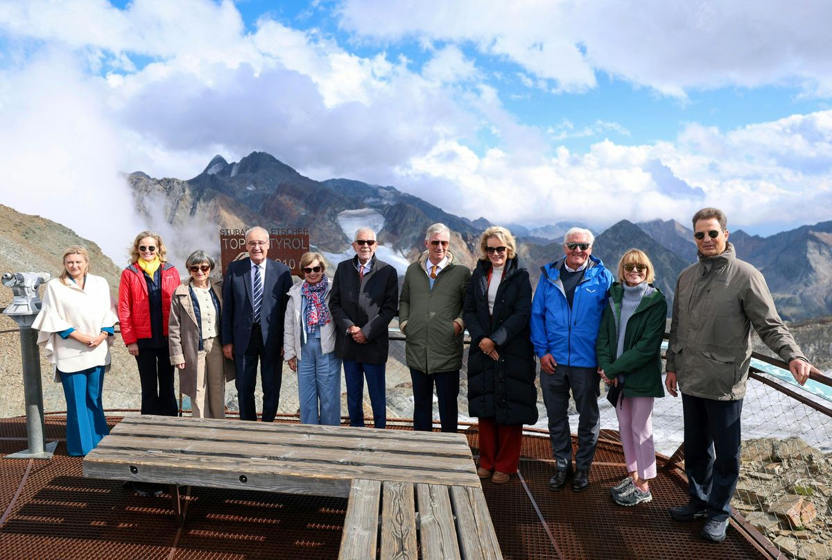 King Philippe and Queen Mathilde joined Grand Duchess Stéphanie of Luxembourg, Hereditary Princess Sophie and Hereditary Prince Alois of Liechtenstein, and other European leaders for a group photo near Austria's Stubai Glacier on September 1, 2026.