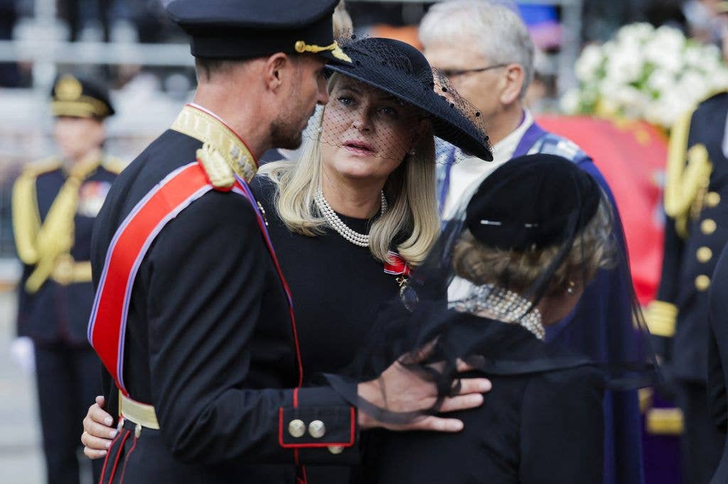 King Haakon VIII of Norway (tL), Queen Mette-Marit of Norway (C) and Queen Sonja of Norway arrive to attend the funeral service for Norway's late King Harald V at the Oslo Cathedral in Oslo, Norway, on September 9, 2026. 