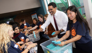 SUNY Chancellor John King Jr. visited Binghamton University Wednesday, Sept. 9, 2026 to celebrate the growth of the Empire State Service Corps to include 1,000 students statewide. He joined Binghamton student volunteers in assembling hygiene kits for distribution to local schools and nonprofits.
