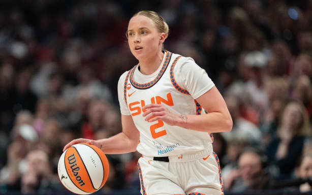 PORTLAND, OREGON - MAY 18: Guard Hailey Van Lith #2 of the Connecticut Sun brings the ball up court during the first half against the Portland Fire at Moda Center on May 18, 2026 in Portland, Oregon. NOTE TO USER: User expressly acknowledges and agrees that, by downloading and or using this photograph, User is consenting to the terms and conditions of the Getty Images License Agreement.
Getty Images via AFP (Photo by Ali Gradischer)