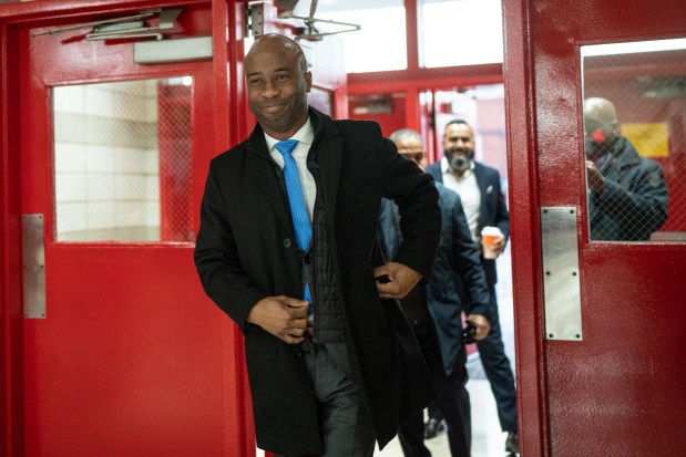 Schools Chancellor Kamar Samuels greets students at P.S./M.S. 194 in the Bronx on Monday, January 5, 2026.