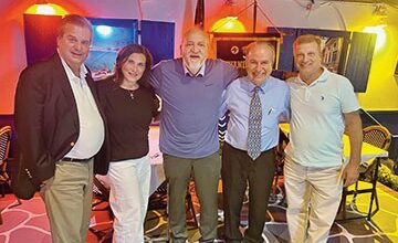 (L. to r.): New members George and Felicia Elliott, Jerry Chrisafis, Paul Halvatzis. and new member John Fucich.