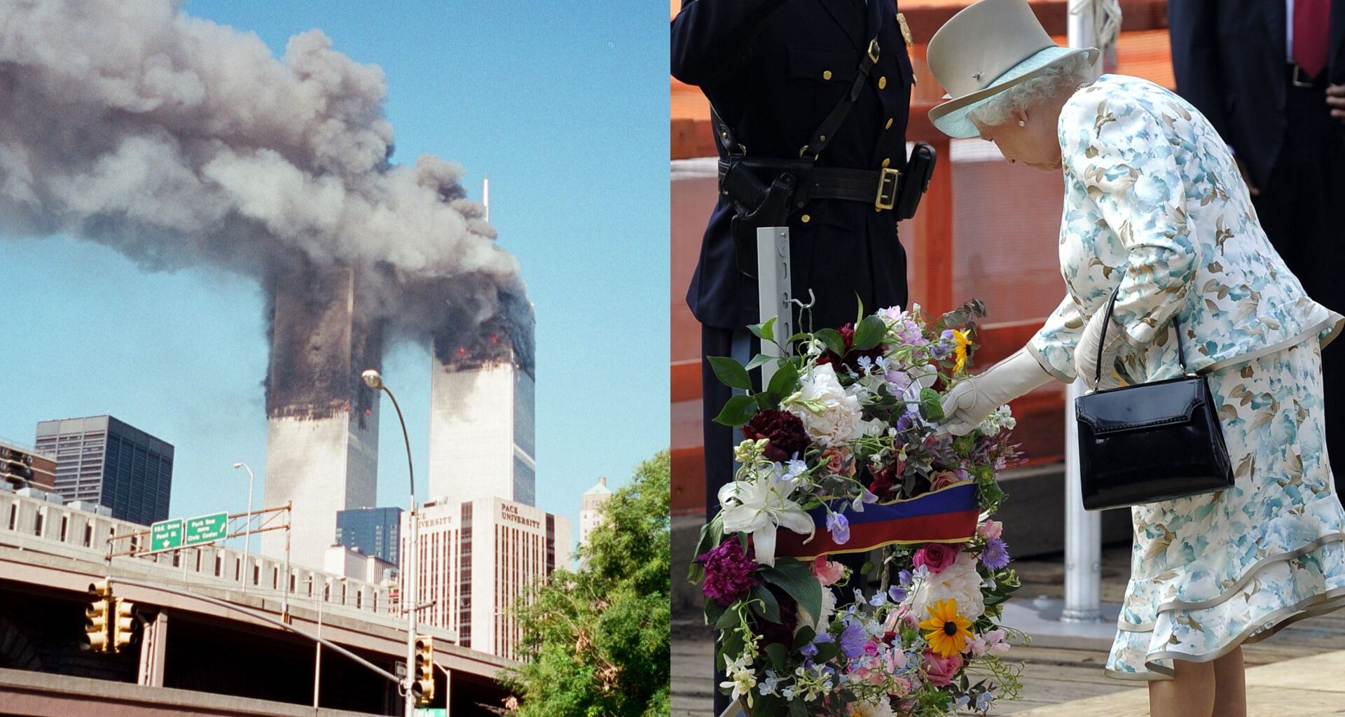 A split image of the Twin Towers on 9/11 and Queen Elizabeth laying a wreath