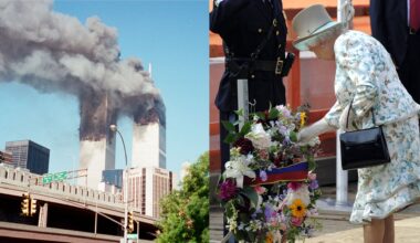 A split image of the Twin Towers on 9/11 and Queen Elizabeth laying a wreath