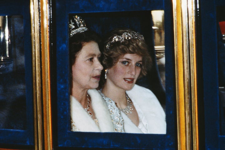 The Princess of Wales and Queen Elizabeth attend the Opening of Parliament in November 1982. Diana is wearing a white fur coat and the Spencer tiara. 