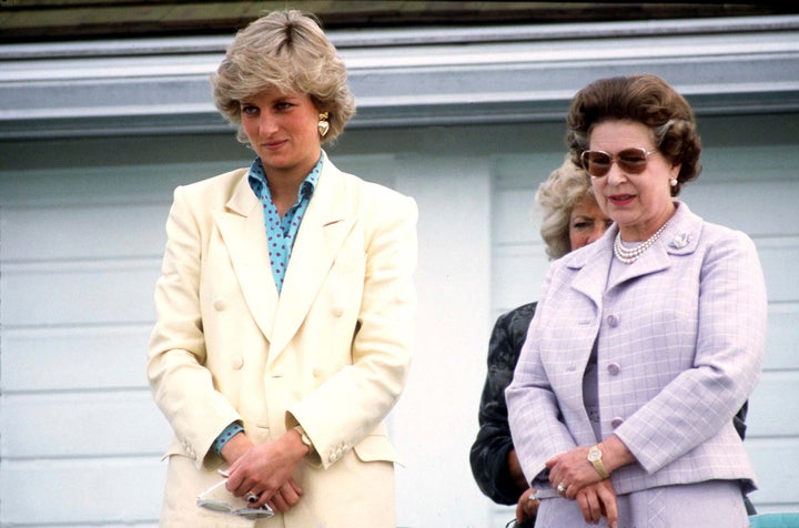 Princess Diana watches polo with Queen Elizabeth. 