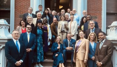 Members of the judiciary and the bar gather for a photo on the steps of the historic 123 Remsen St. Photo: Wayne Daren Schneiderman/Brooklyn Eagle