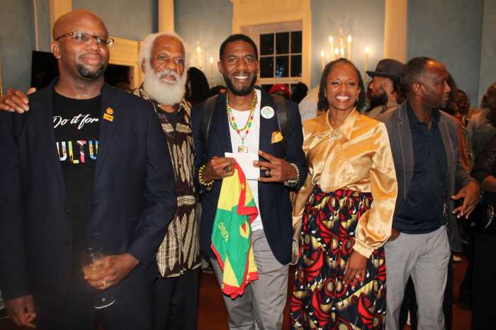 Nationals are all smiles at Mayor Zohran Mamdani's first Caribbean Heritage reception at Gracie Mansion on August 27. From left, a guest joins Ernest Skinner, Public Advocate Jumaane Williams, and Assemblymember Monique Chandler Waterman.
