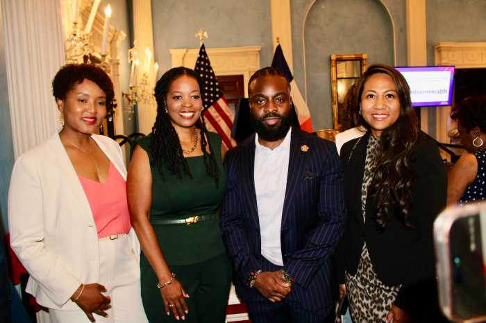 From left: She'd line Pierre, Renee Hastick-Motes, New York Sheriff Edwin Raymond, and Arlene Rodriguez celebrate the first Caribbean heritage reception hosted by Mayor Zohran Mamdani.