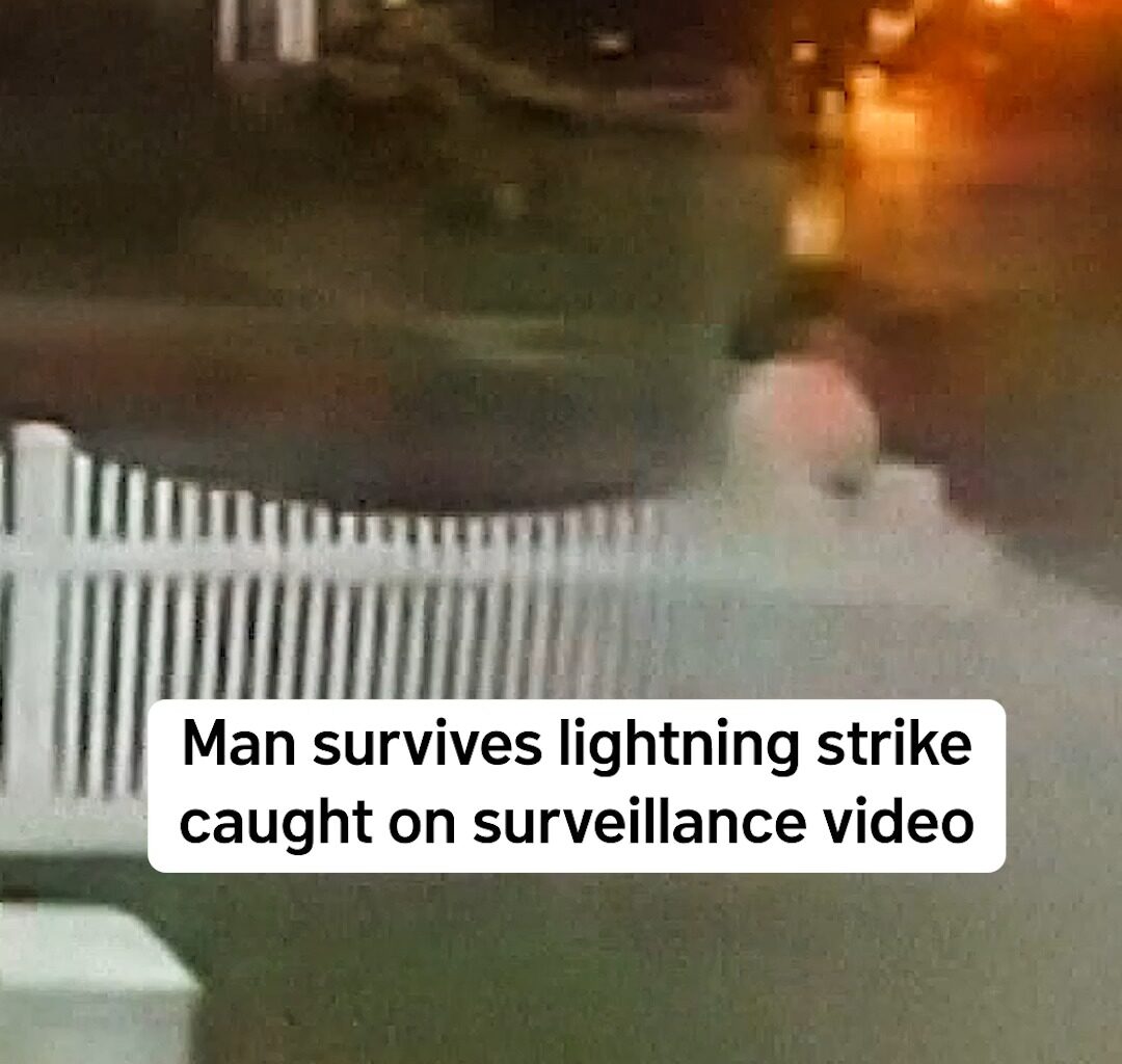 Surveillance video captured the moment a man was struck by lightning while walking to his car on Staten Island, New York, on Thursday. He was hospitalized overnight and says he suffered no major injuries. #newyork #lightning #caughtoncamera