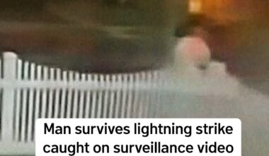 Surveillance video captured the moment a man was struck by lightning while walking to his car on Staten Island, New York, on Thursday. He was hospitalized overnight and says he suffered no major injuries. #newyork #lightning #caughtoncamera
