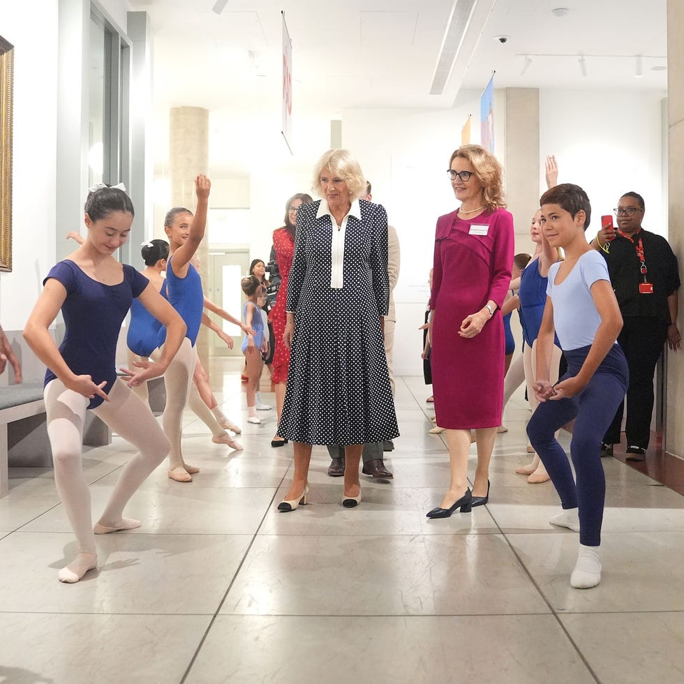 london, england september 02: queen camilla, patron of the royal academy of dance (rad) (centre left) during a visit to their global headquarters on september 2, 2026 in london, england. queen camilla witnessed a broad range of programmes the academy offers as part of its charitable work, including programmes supporting older dancers, people affected by cancer, and young people participating in a street dance lesson. (photo by yui mok wpa pool/getty images)