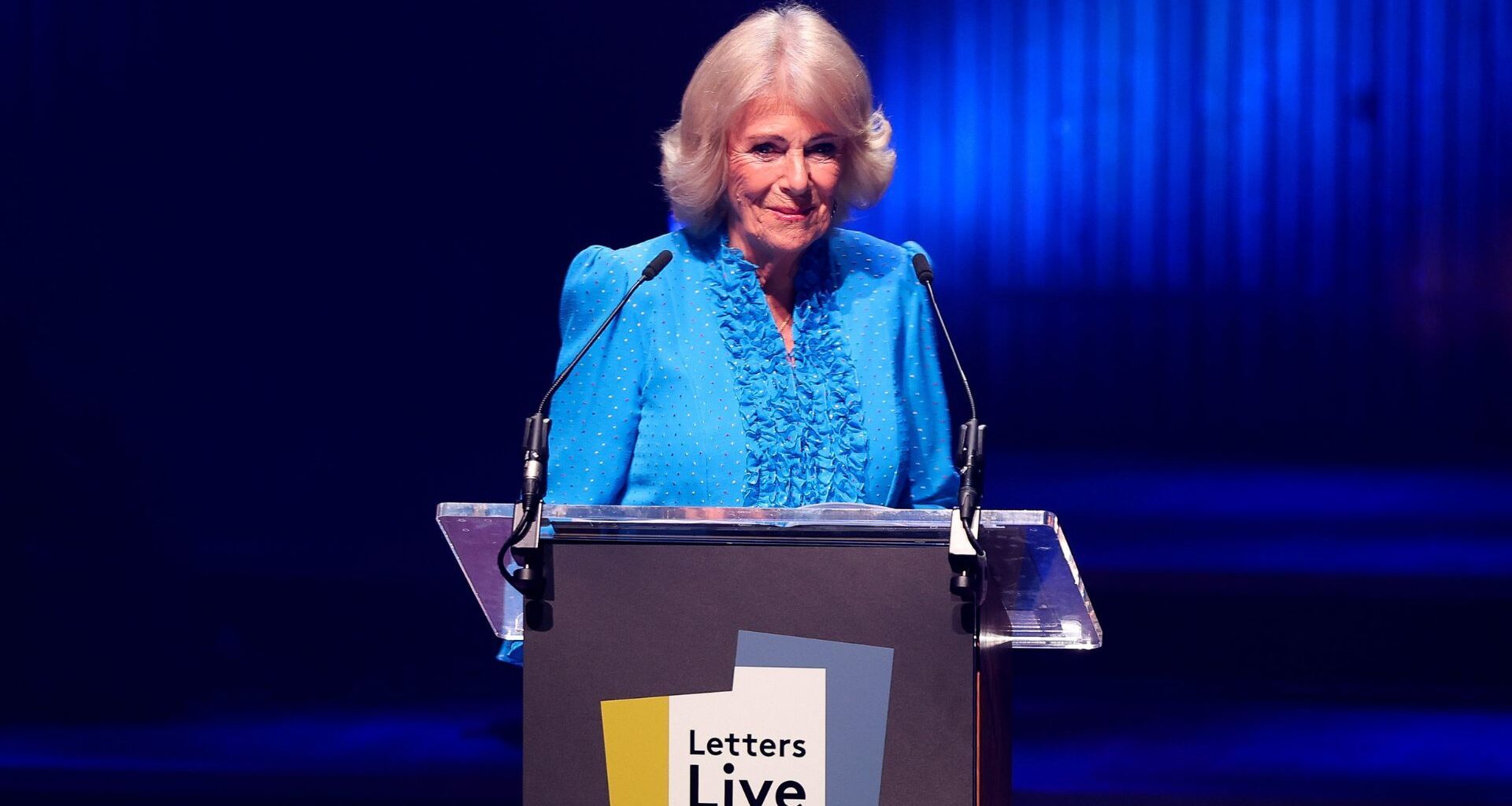 Queen Camilla reads onstage during Letters Live 2026 at The Royal Festival Hall on September 03, 2026