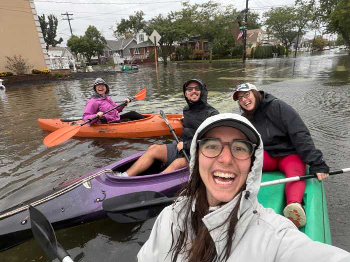 David Perullo (purple kayak) with Erin and Maria Perullo (green kayak) and Christine Perullo (orange kayak). Photo via David Perullo. 