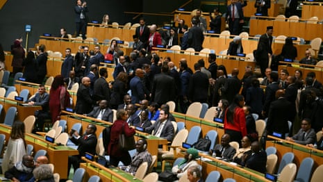UN delegates walk out as Benjamin Netanyahu prepares to address general assembly – video