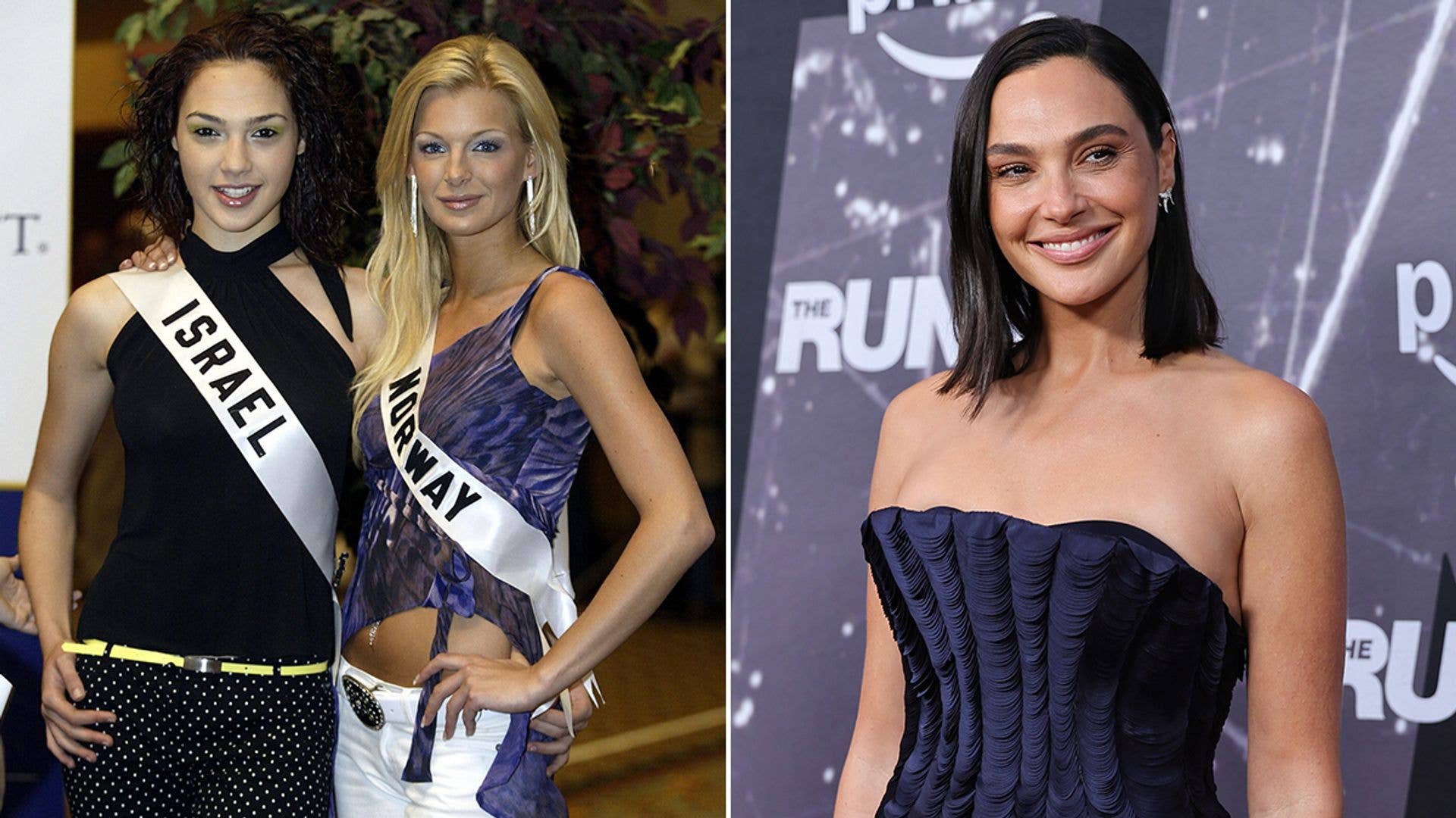 Gal Gadot smiling in a strapless blue dress at an event. Another woman with a sash reading 'Israel' stands beside her.