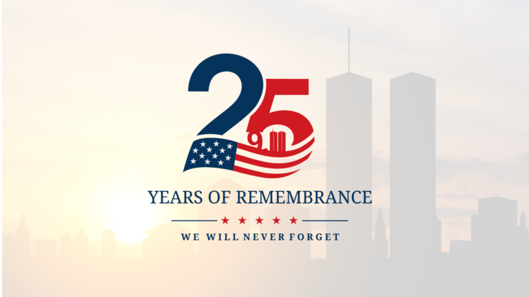 25 years of remembrance logo with American flag, Twin Towers silhouette, and text We Will Never Forget against a faint city skyline background.