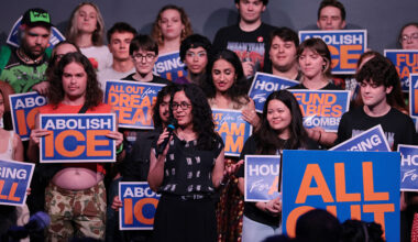 Democratic congressional candidate Claire Valdez speaks during an election eve rally at Silo on June 22, 2026, in the East Williamsburg neighborhood of the Brooklyn borough in New York City.