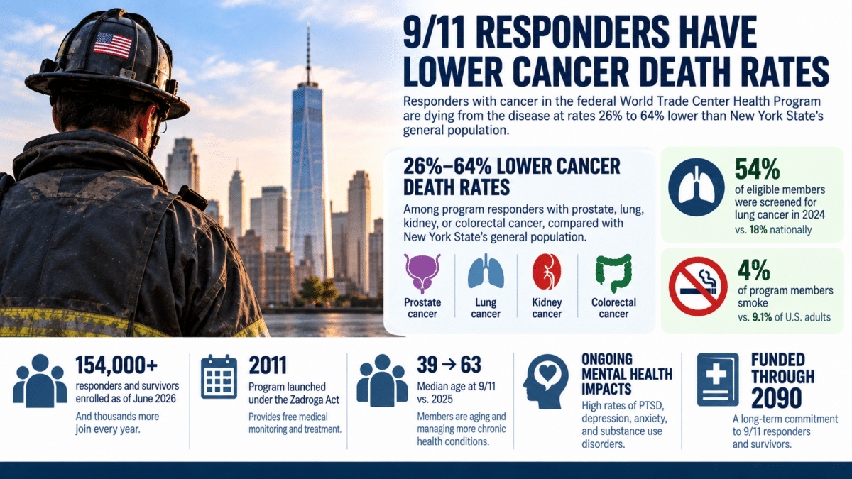 Infographic showing lower cancer death rates among 9/11 responders enrolled in the World Trade Center Health Program.