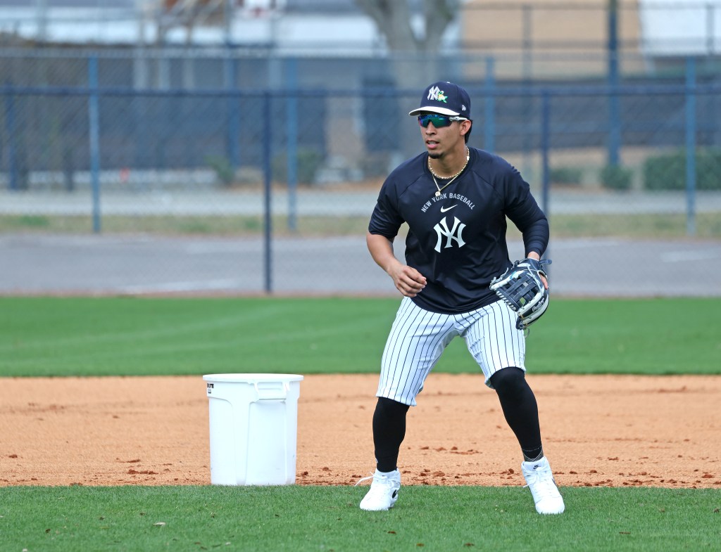 New York Yankees third baseman Oswaldo Cabrera participating in a workout.