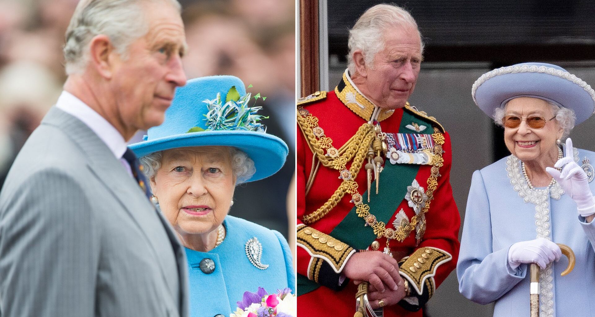 King Charles is in side profile and has white gray hair while wearing a gray pinstripe suit while his mother, Queen Elizabeth II, wears a turquoise blue coat dress and matching hat
