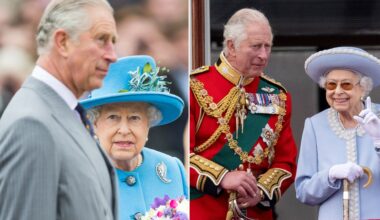 King Charles is in side profile and has white gray hair while wearing a gray pinstripe suit while his mother, Queen Elizabeth II, wears a turquoise blue coat dress and matching hat