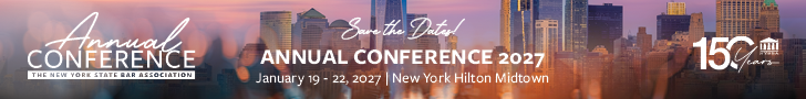 Banner for the Eighth District Annual Conference 2024, hosted by the New York State Bar Association, January 19-22, 2024, at New York Hilton Midtown, with a city skyline background and a 150th anniversary logo.