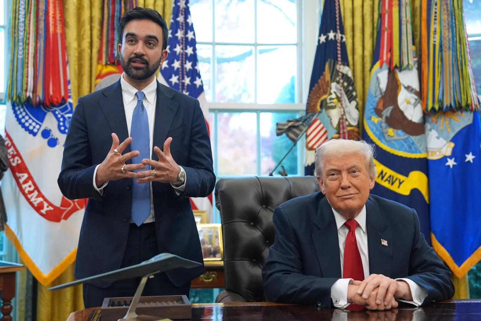 President Donald Trump listens as then-New York City Mayor-elect Zohran Mamdani speaks in the Oval Office of the White House on November 21, 2025, in Washington, D.C.
