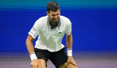 Novak Djokovic, of Serbia, reacts during the first round of the U.S. Open tennis championships against Mariano Navone, of Argentina, Sunday, Aug. 30, 2026, in New York.