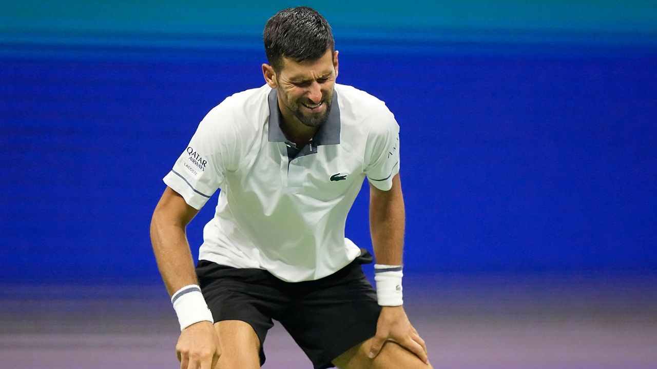Novak Djokovic, of Serbia, reacts during the first round of the U.S. Open tennis championships against Mariano Navone, of Argentina, Sunday, Aug. 30, 2026, in New York.