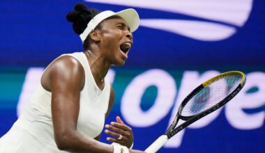 Venus Williams, of the United States, reacts during her first round match against compatriot Sofia Kenin at the U.S. Open tennis championships, Monday, Aug. 31, 2026, in New York.