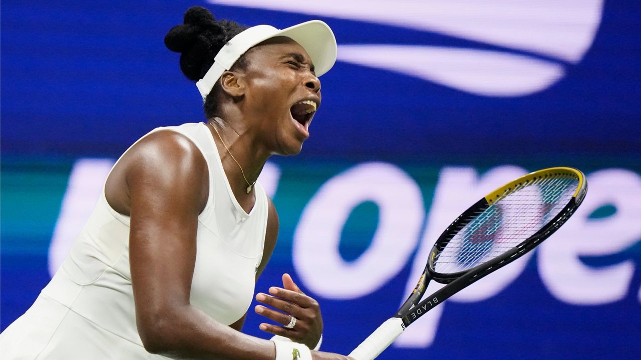 Venus Williams, of the United States, reacts during her first round match against compatriot Sofia Kenin at the U.S. Open tennis championships, Monday, Aug. 31, 2026, in New York.