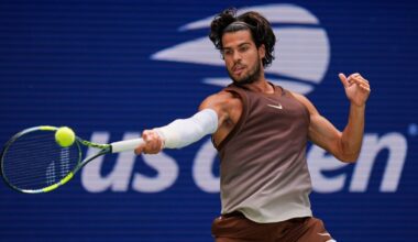Carlos Alcaraz, of Spain, returns the ball to Roman Safiullin, of Russia, during the first round of the U.S. Open tennis championships, Monday, Aug. 31, 2026, in New York.