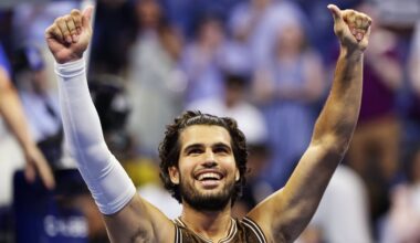 arlos Alcaraz, of Spain, celebrates winning a match against Jaime Faria, of Portugal, during the second round of the U.S. Open tennis championships, Wednesday, Sept. 2, 2026, in New York.