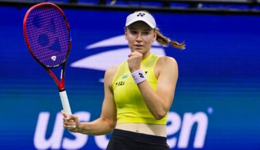 Elena Rybakina, of Kazakhstan, celebrates winning a match against Coco Gauff, of the United States, during the women's singles semifinals of the U.S. Open tennis championships, Thursday, Sept. 10, 2026, in New York.