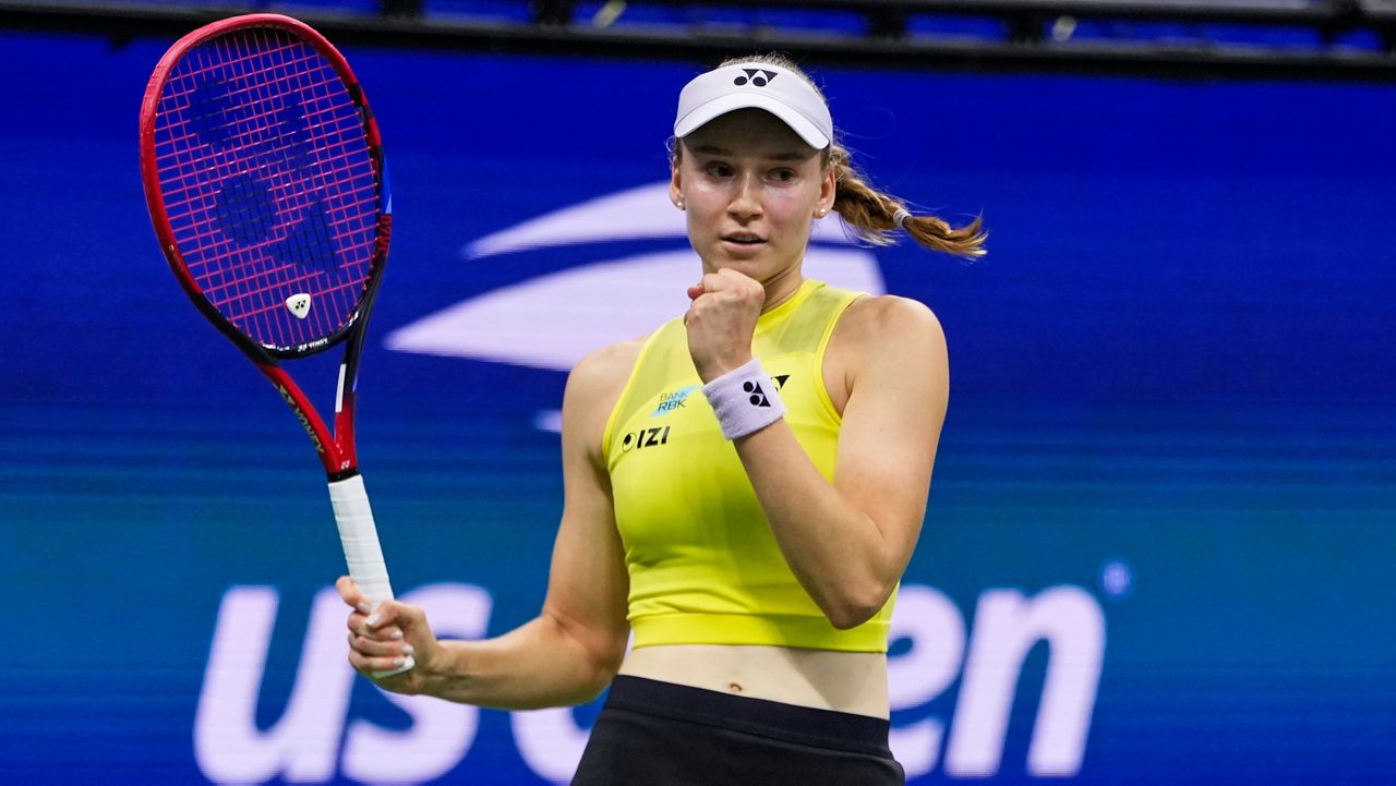 Elena Rybakina, of Kazakhstan, celebrates winning a match against Coco Gauff, of the United States, during the women's singles semifinals of the U.S. Open tennis championships, Thursday, Sept. 10, 2026, in New York.