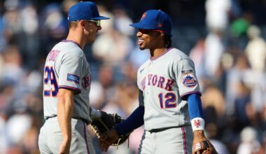 Francisco Lindor hit a leadoff homer and added a grand slam in the eighth inning as the New York Mets chased Gerrit Cole early and pounded the crosstown Yankees 12-2 on Saturday. (AP Photo/Heather Khalifa)