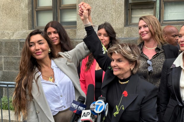 Miriam Haley, left, and her attorney Gloria Allred stand outside Manhattan Supreme Court after Harvey Weinstein was sentenced to 15 years in prison for sexually assaulting Haley in 2006, Wednesday, Sept. 23, 2026, in New York. (AP Photo/Michael Sisak)