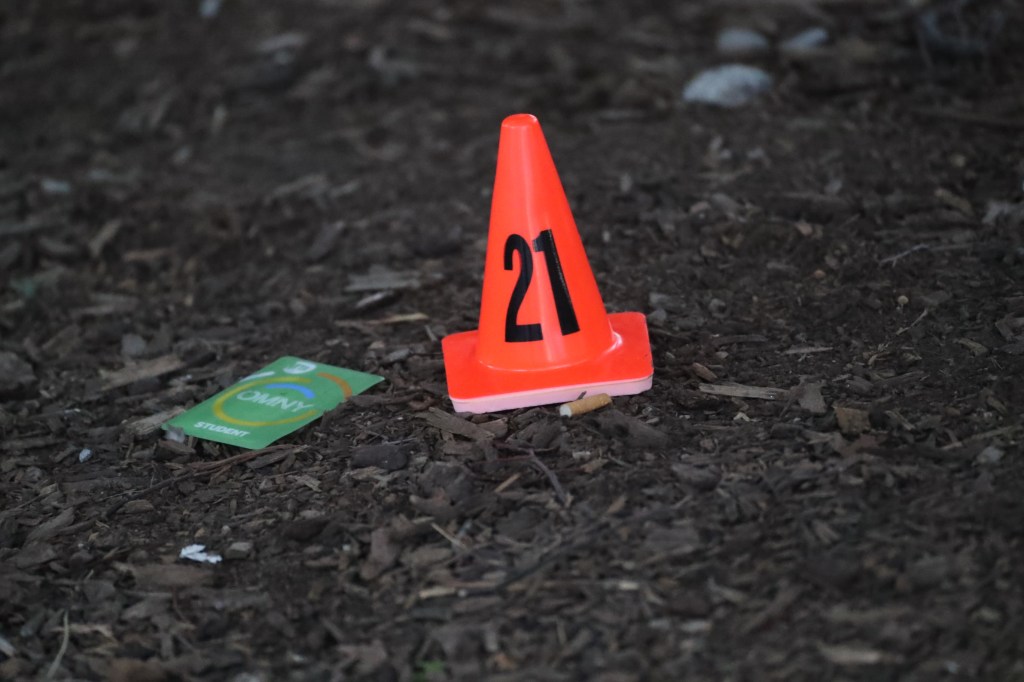 Orange traffic cone with the number 21, an OMNY student card, and a cigarette butt on a ground of wood chips.