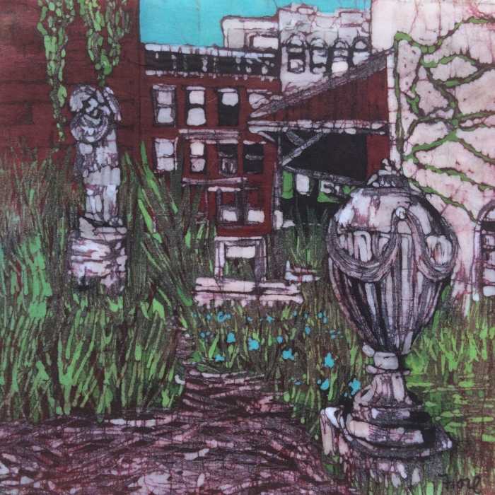 mixed media painting of garden in a city