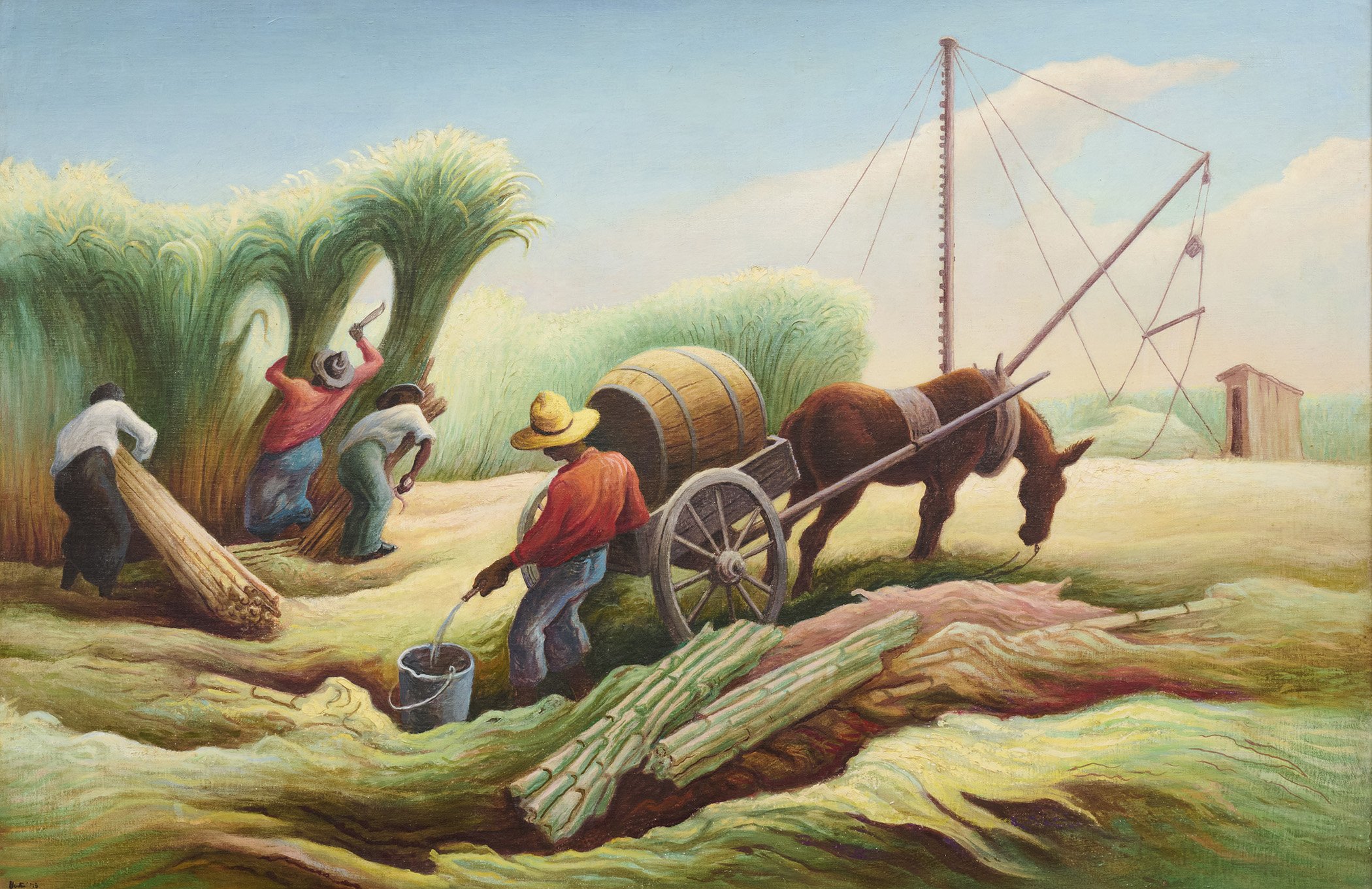 Artist Thomas Hart Benton's solo exhibition retrospective at schoelkopf gallery in New York. His painting Sugarcane from 1945.