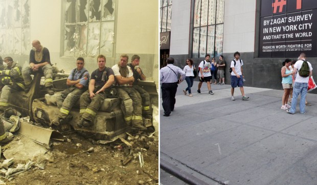 At left, emergency workers at Ground Zero on Sept. 11, 2001 after the terrorist attack on the World Trade Center. At right, pedestrians walk past the Century 21 clothing store in lower Manhattan on Aug. 4, 2011. (Mark Lennihan/AP Photo)
