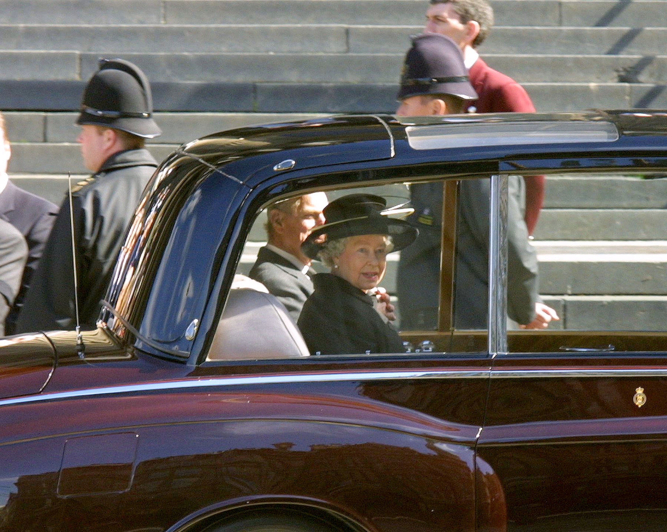 Queen Elizabeth riding in a car on September 11, 2002