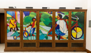 Stained-glass sculptures and tapestries by Christopher Myers are on display at Brooklyn Public Library. Photos: Gregg Richards/BPL