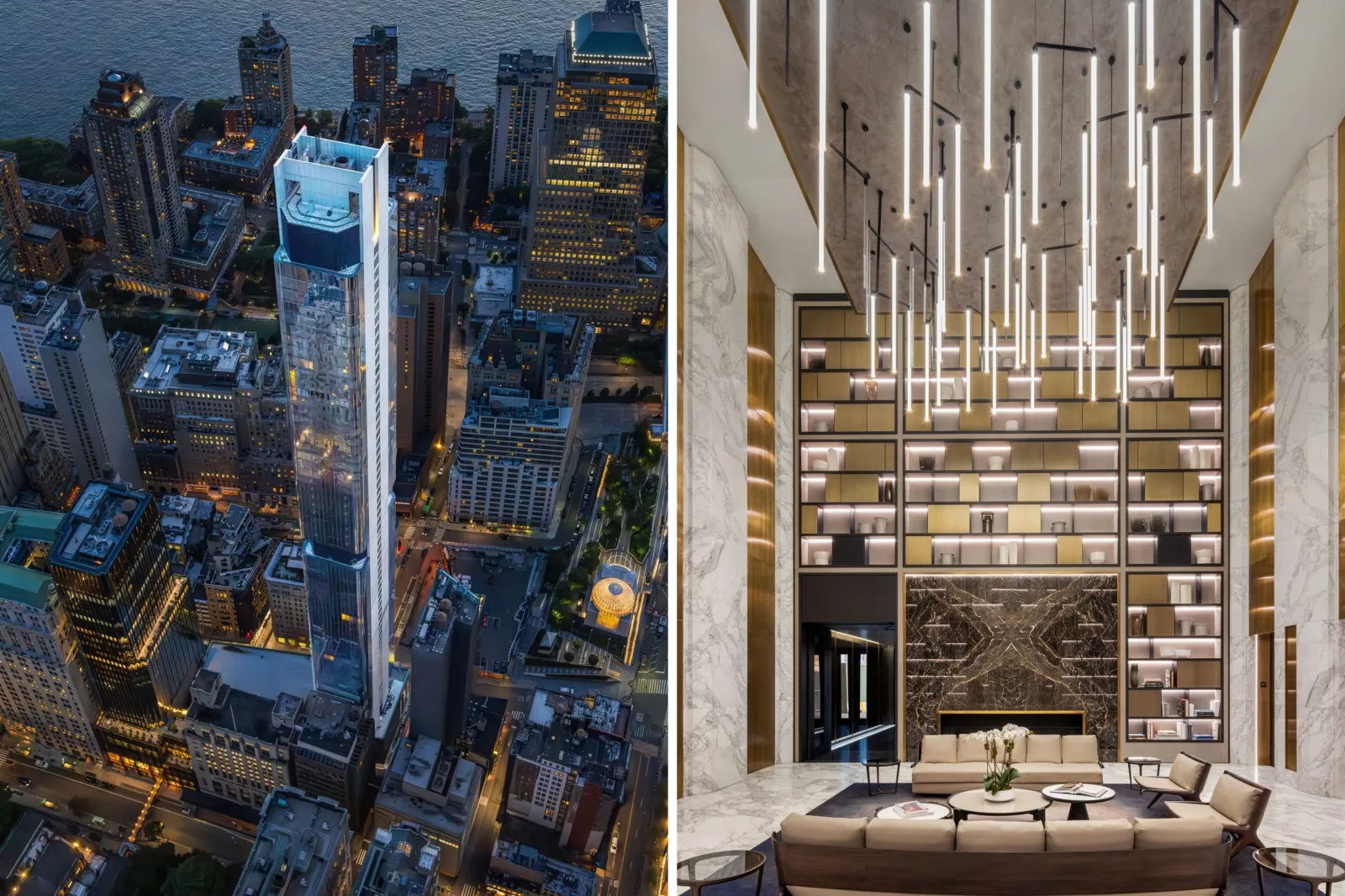 An exterior and interior view of The Greenwich, a luxury residential tower in Lower Manhattan.