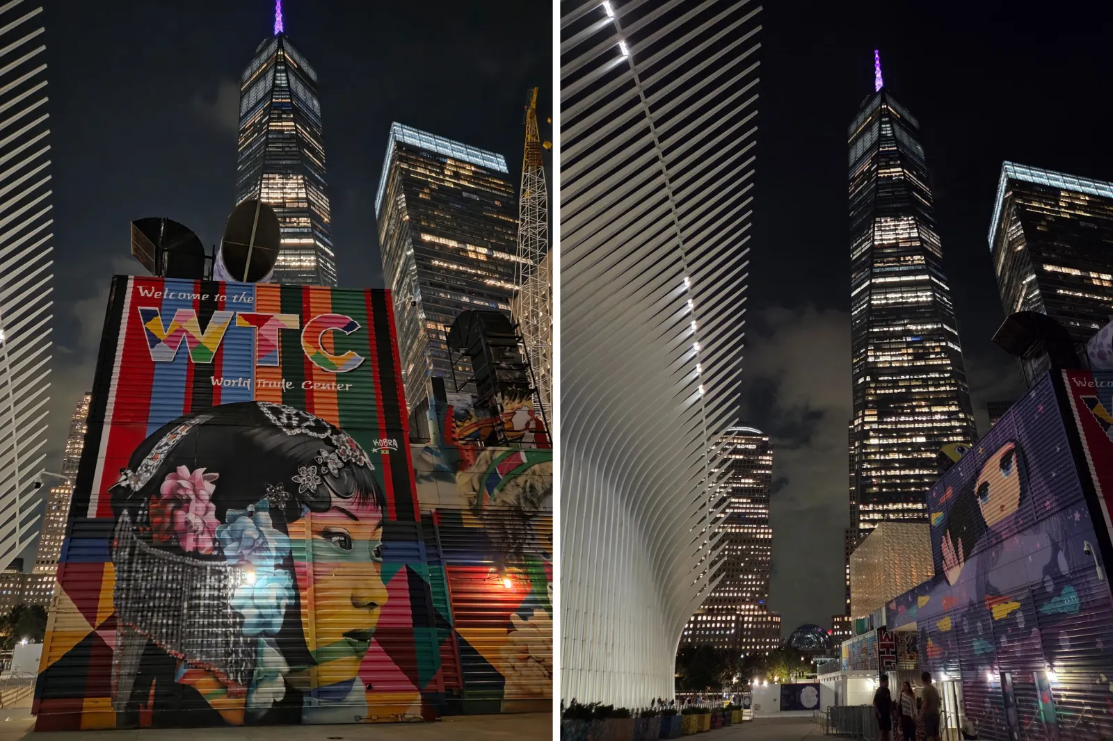 Wall art pictured near the Oculus of the World Trade Center site at night.