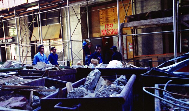 Dumpsters full of debris are pictured on Nassau St. in Lower Manhattan on Sept. 17, 2001. (Heidi Schumann for New York Daily News)
