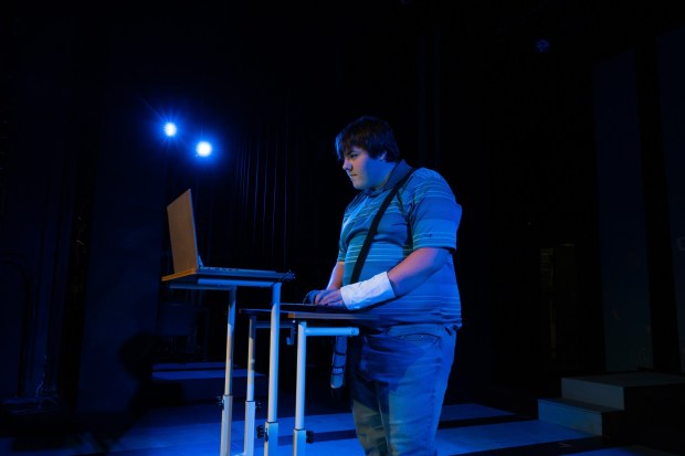 Michael Gibson in the role of Evan Hansen in a production of "Dear Evan Hansen," on stage at Players Club of Swarthmore from Sept. 18 through Oct. 4. (COURTESY OF ABBY SCHECHTER)