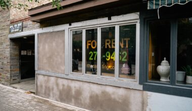An empty storefront with a "For Rent" sign in the window.