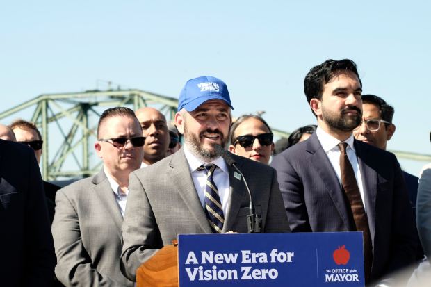 Transportation Commissioner Mike Flynn addresses reporters in Maspeth, Queens, on Tuesday, Sept. 15, 2026. (Evan Simko-Bednarski / New York Daily News)